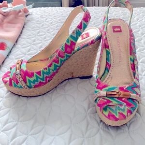 Pink, green, purple, blue Elaine Turner wedges.